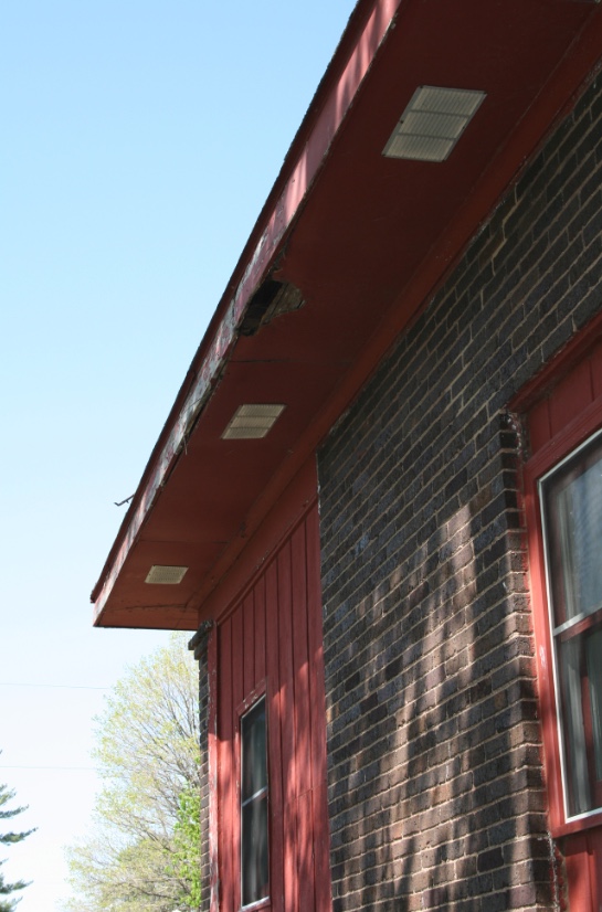 Hole in soffit. Soffits should be checked regularly and any holes repaired. Soffits damaged by the weather make it easy for wildlife to expand small holes into large ones.